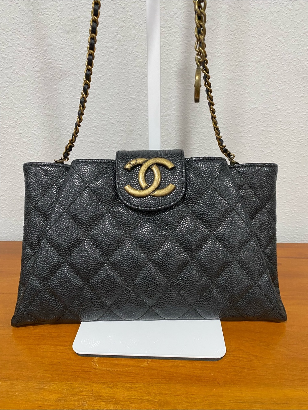 Black Quilted Caviar Leather Shoulder Bag with Aged Gold Hardware
